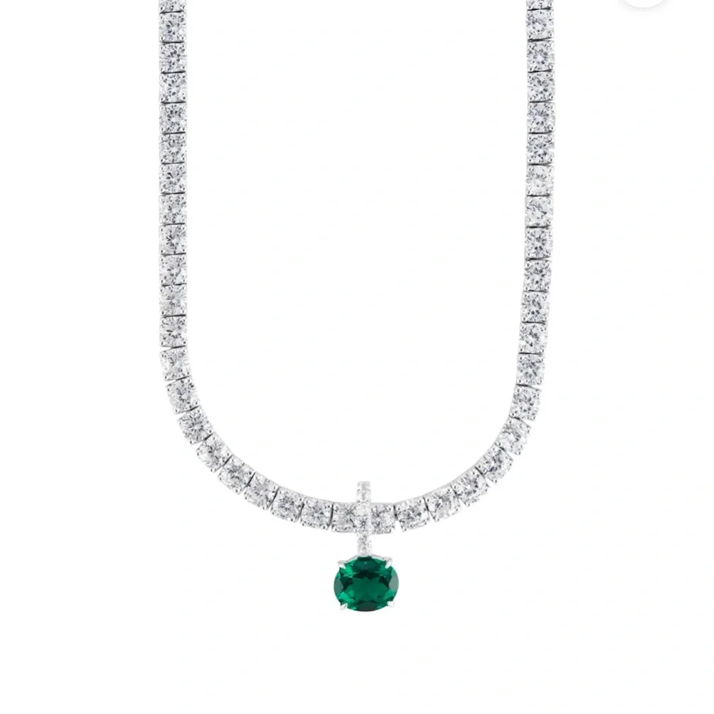 KATE RIVIÈRE NECKLACE IN 3.75MM LAB WHITE SAPPHIRE 16in with emerald pendant - Picture 1 of 10